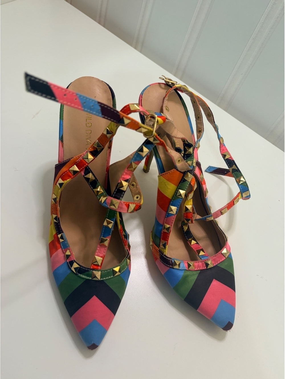 Wild Diva Lounge Rainbow Stripe Studded Stiletto Pumps Size 10